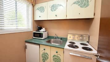 A compact kitchen with a microwave, stove, and sink.