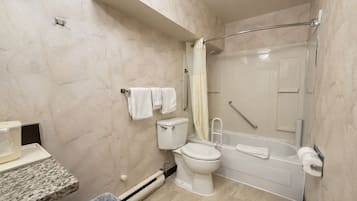 Un baño con inodoro, bidé y ducha.