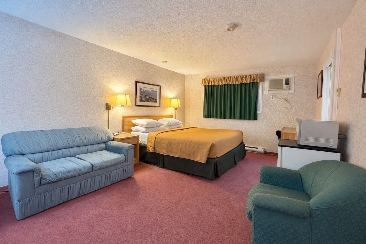 Une chambre d’hôtel équipée d’un lit, d’un canapé, d’un bureau et d’une télévision.