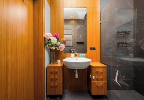Douche, sèche-cheveux, serviettes fournies