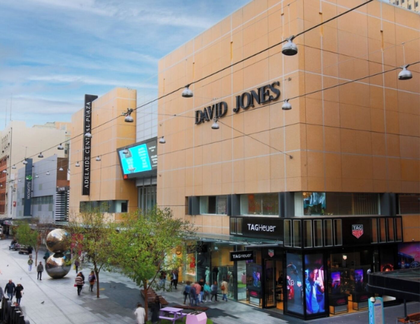 A modern building with the David Jones store on the ground floor.