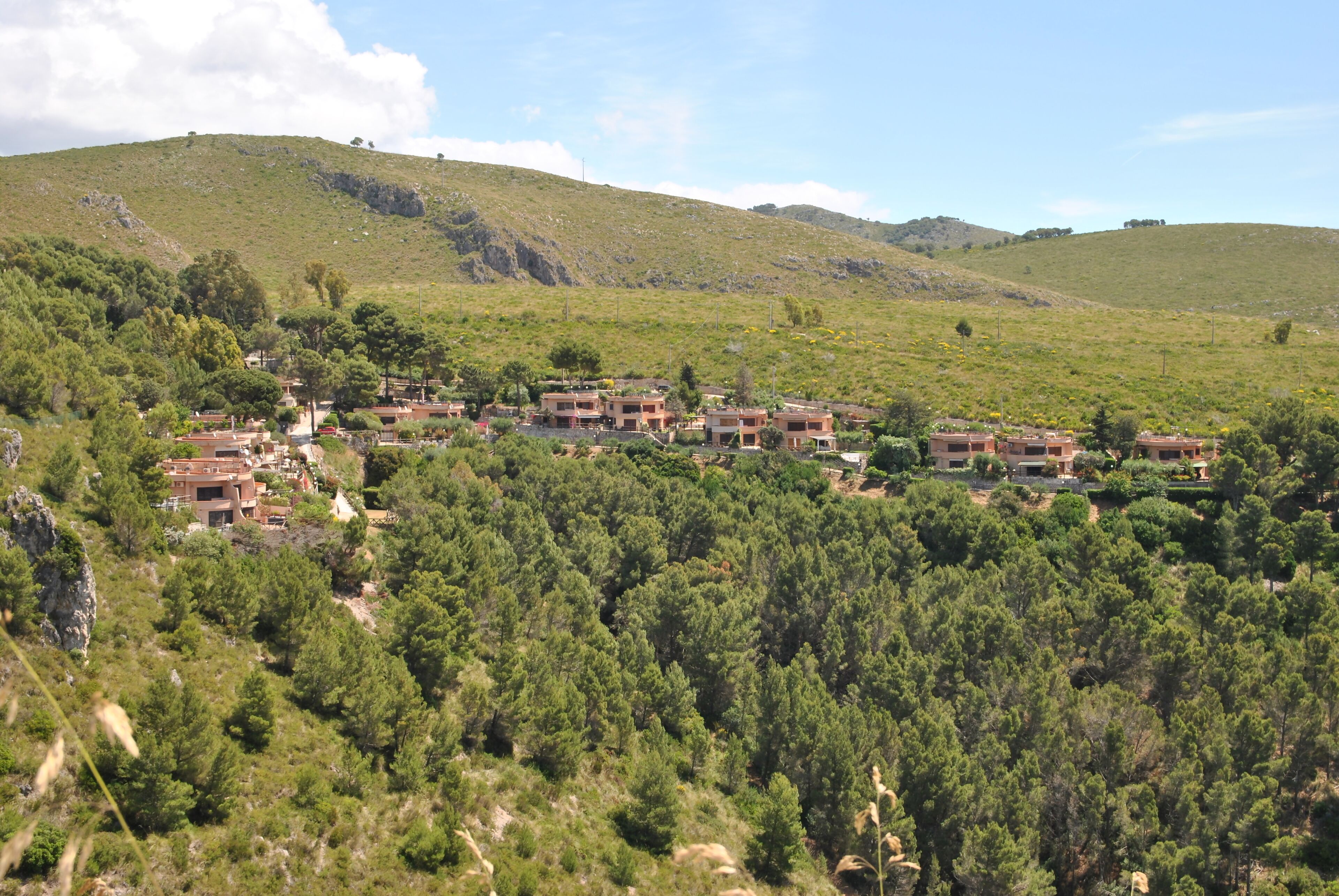 A hillside village with terraced houses and dense forest.