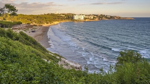 Eine Küstenlandschaft mit Strand, Grünflächen und Gebäuden im Hintergrund.
