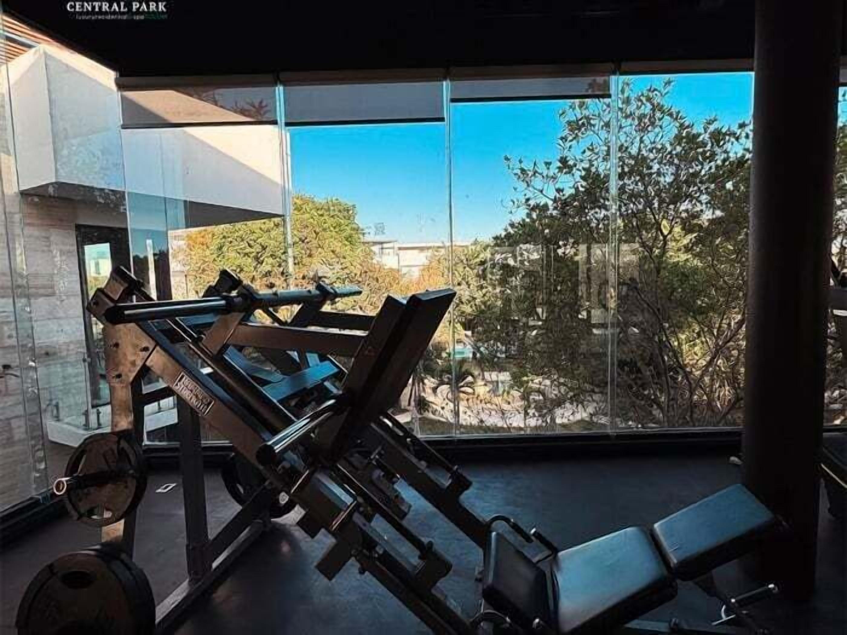 Ett gym med träningsutrustning och utsikt över träd och byggnader.