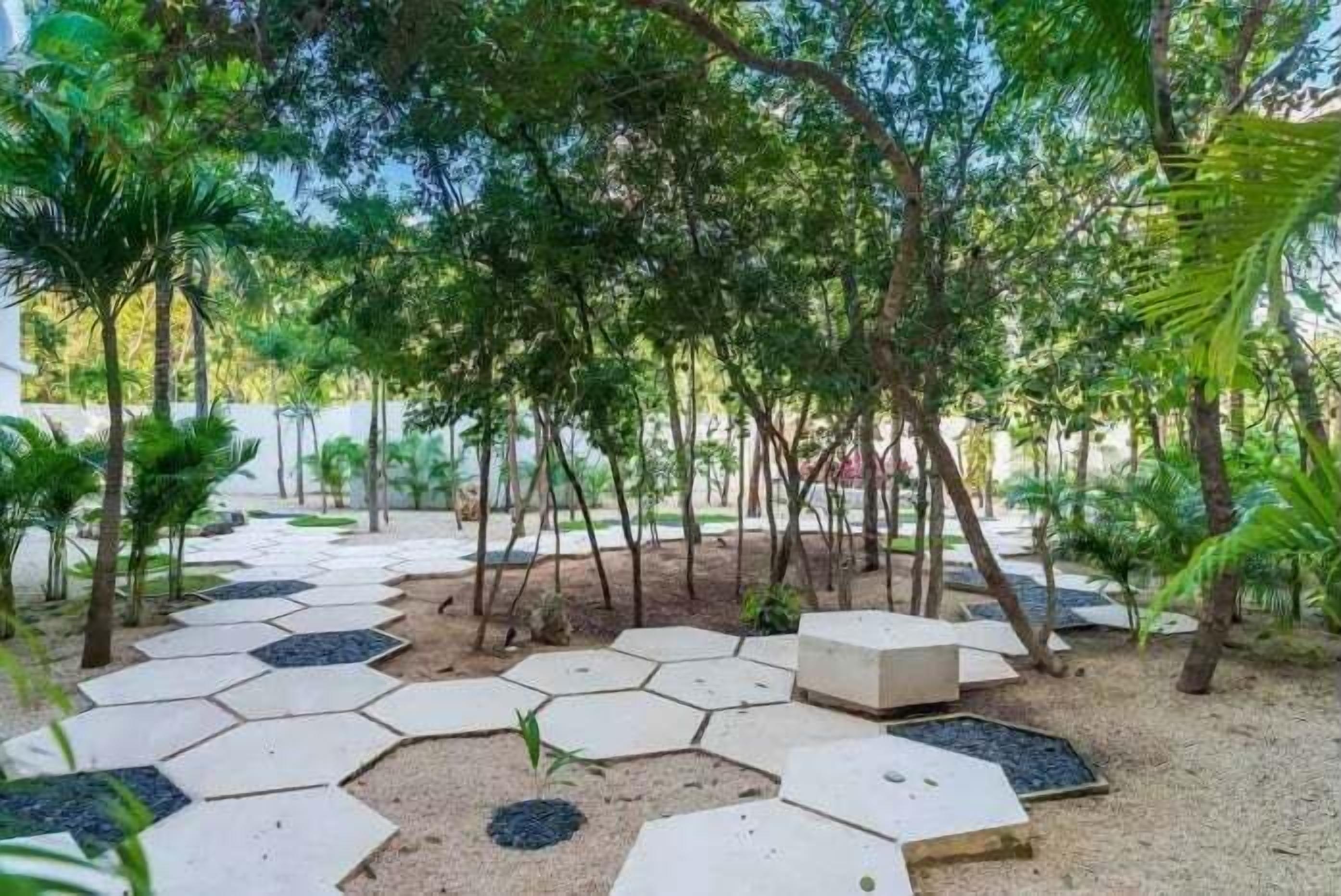 Un jardin agrémenté de dalles de pierre hexagonales, d’arbres et d’un petit élément décoratif aquatique.