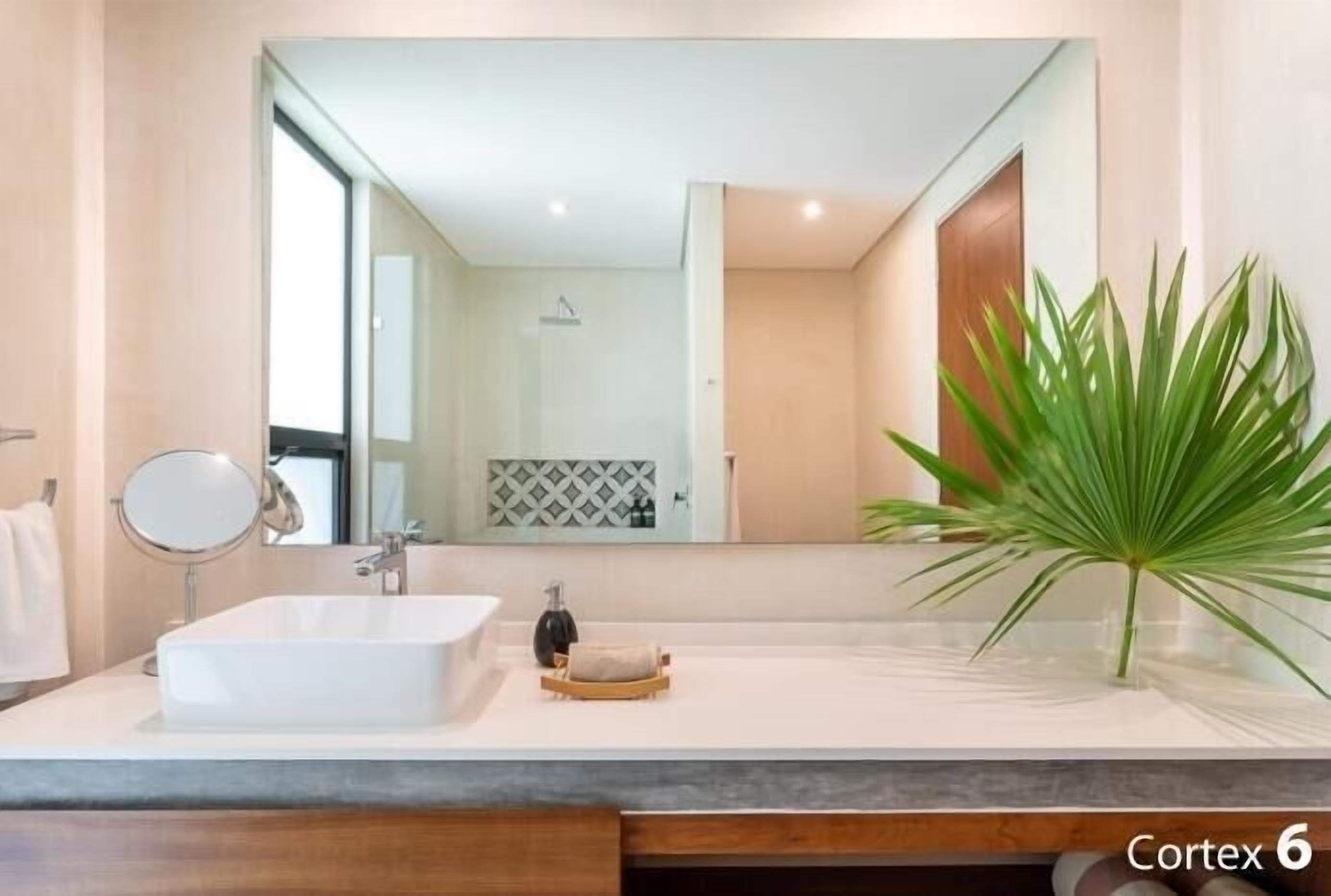 A modern bathroom with a large mirror, a white sink, and a potted plant.