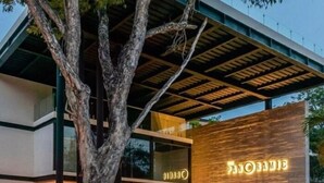 Un edificio moderno con un gran panel de madera en la fachada, un acceso cubierto y un árbol en primer plano.
