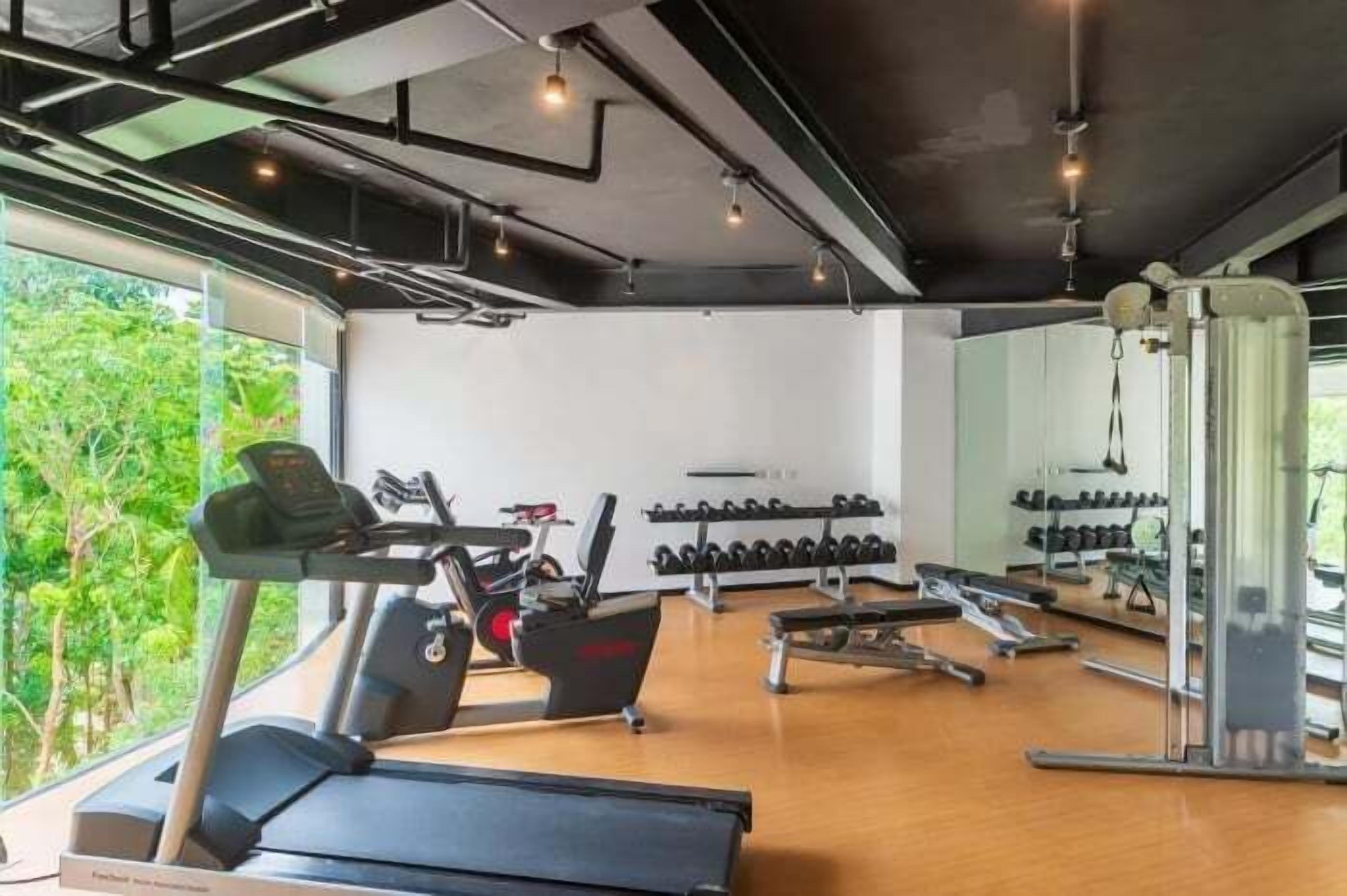 A gym with exercise equipment, a treadmill, and a wall of dumbbells.