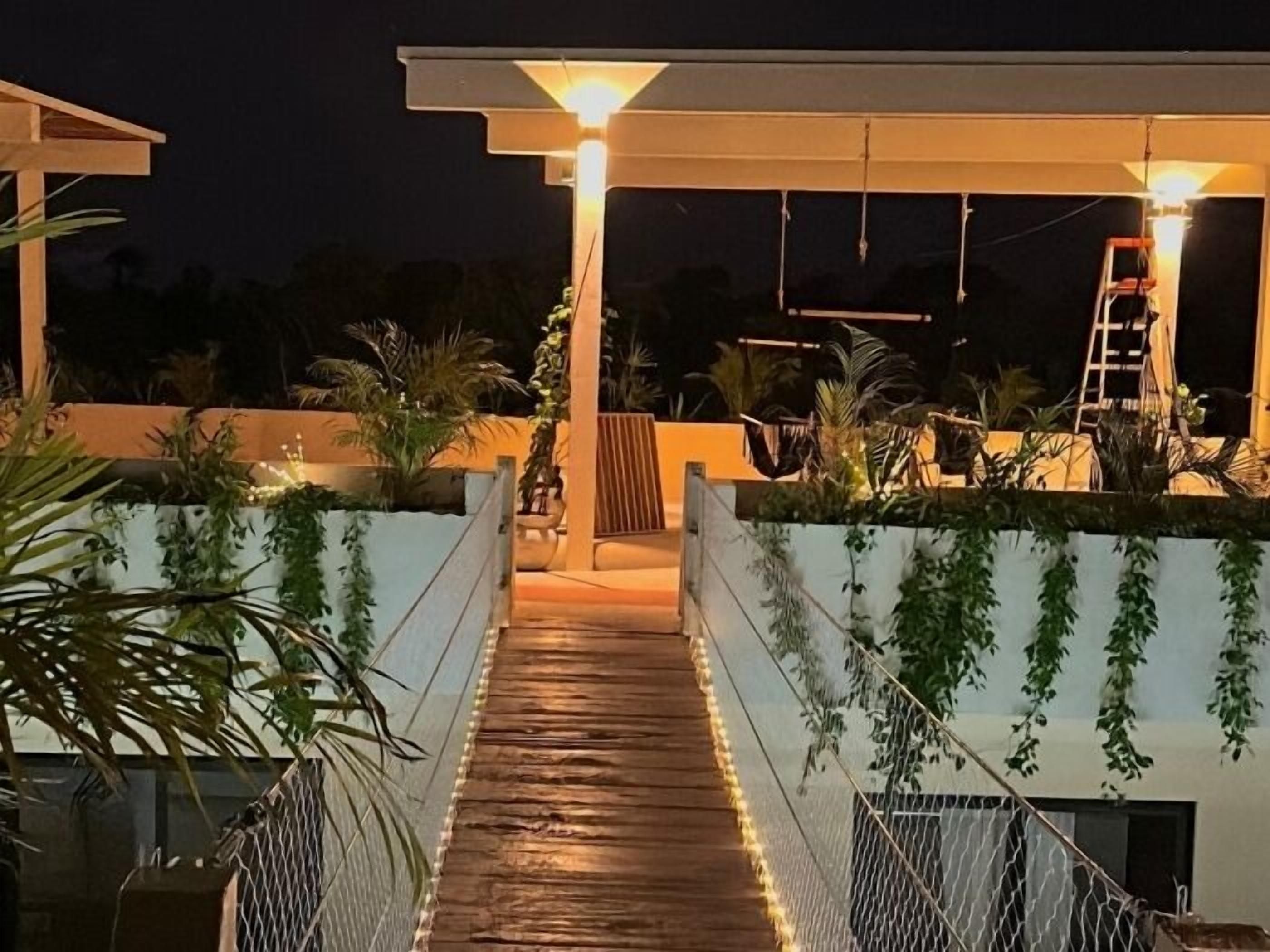 A wooden bridge leading to a covered area with plants and a ladder.