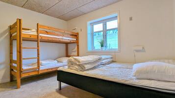 Een kamer met stapelbedden, een raam met een plant en een nachtkastje.