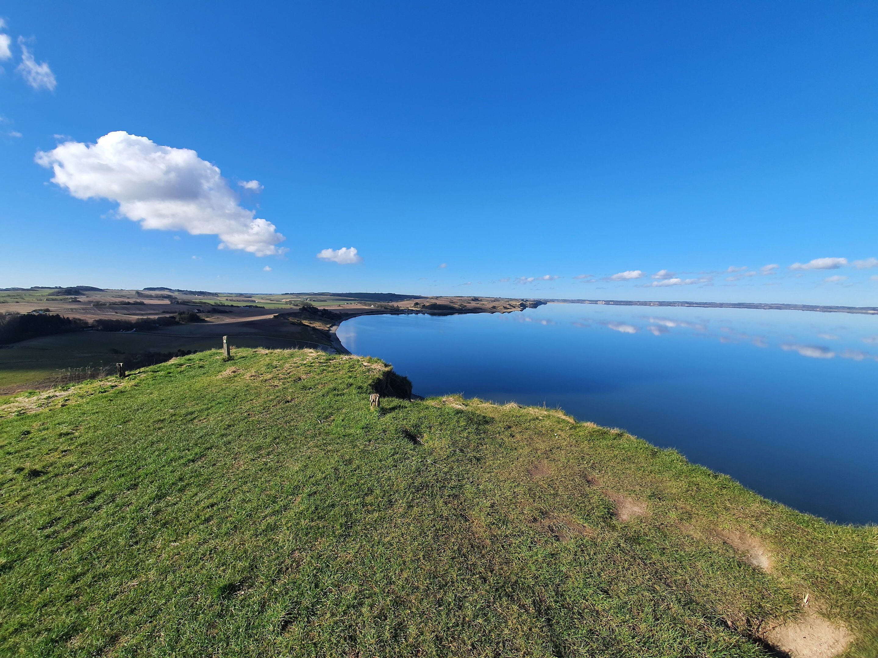 En vidsträckt vy över ett kustlandskap med en klar himmel, ett stilla vatten och ett grönområde med en stig som leder ner till vattenbrynet.