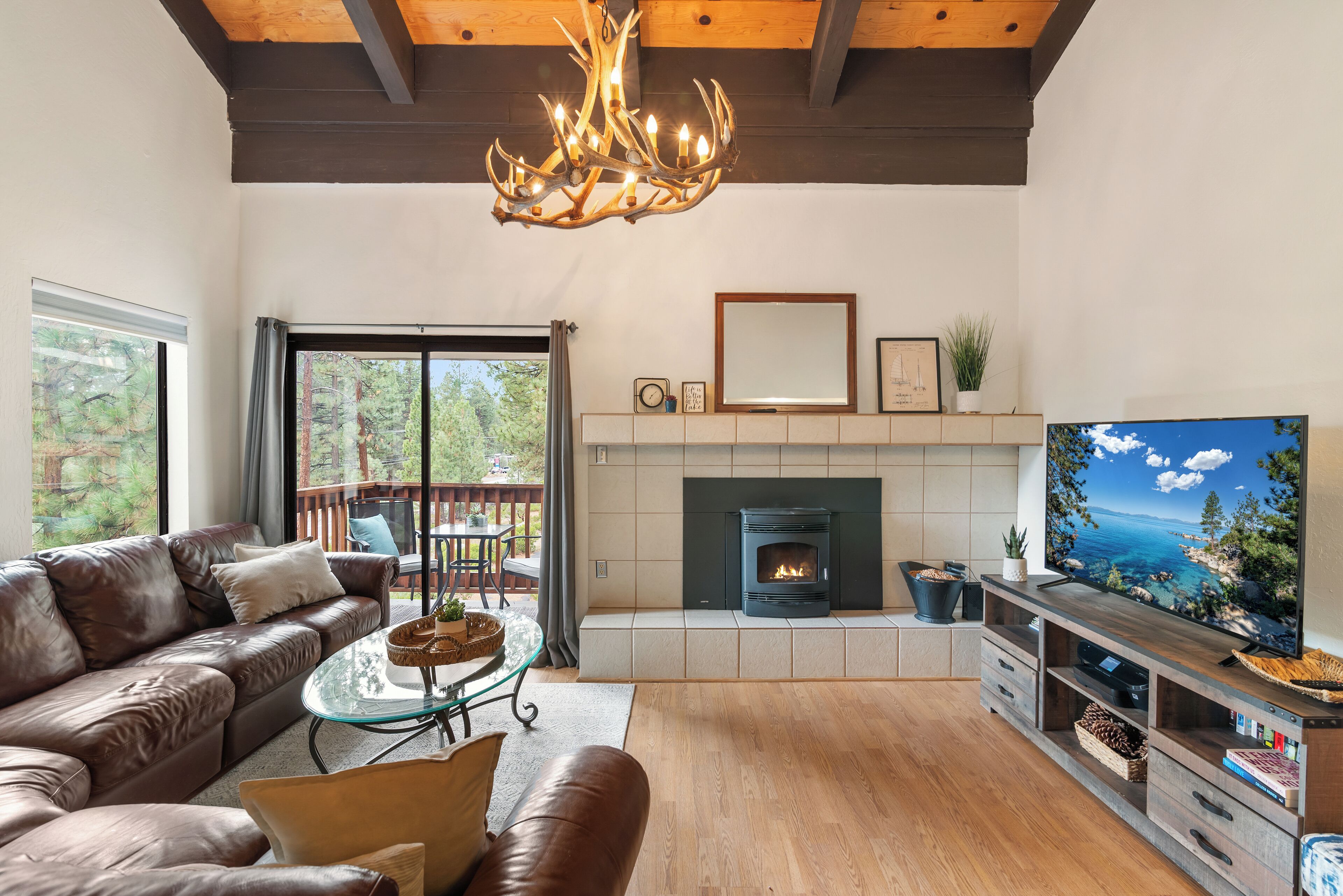 Smart TV, fireplace, books