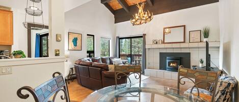 Smart TV, fireplace, books