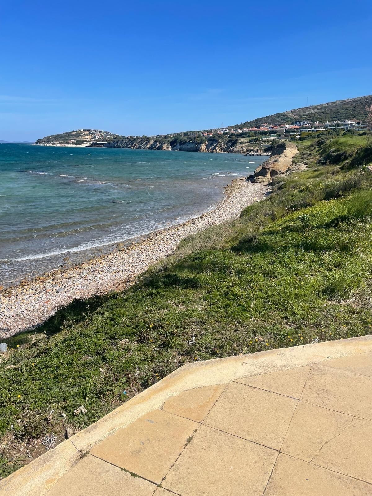 Une vue sur la côte, avec une plage de galets, des zones herbeuses et un ciel bleu dégagé.