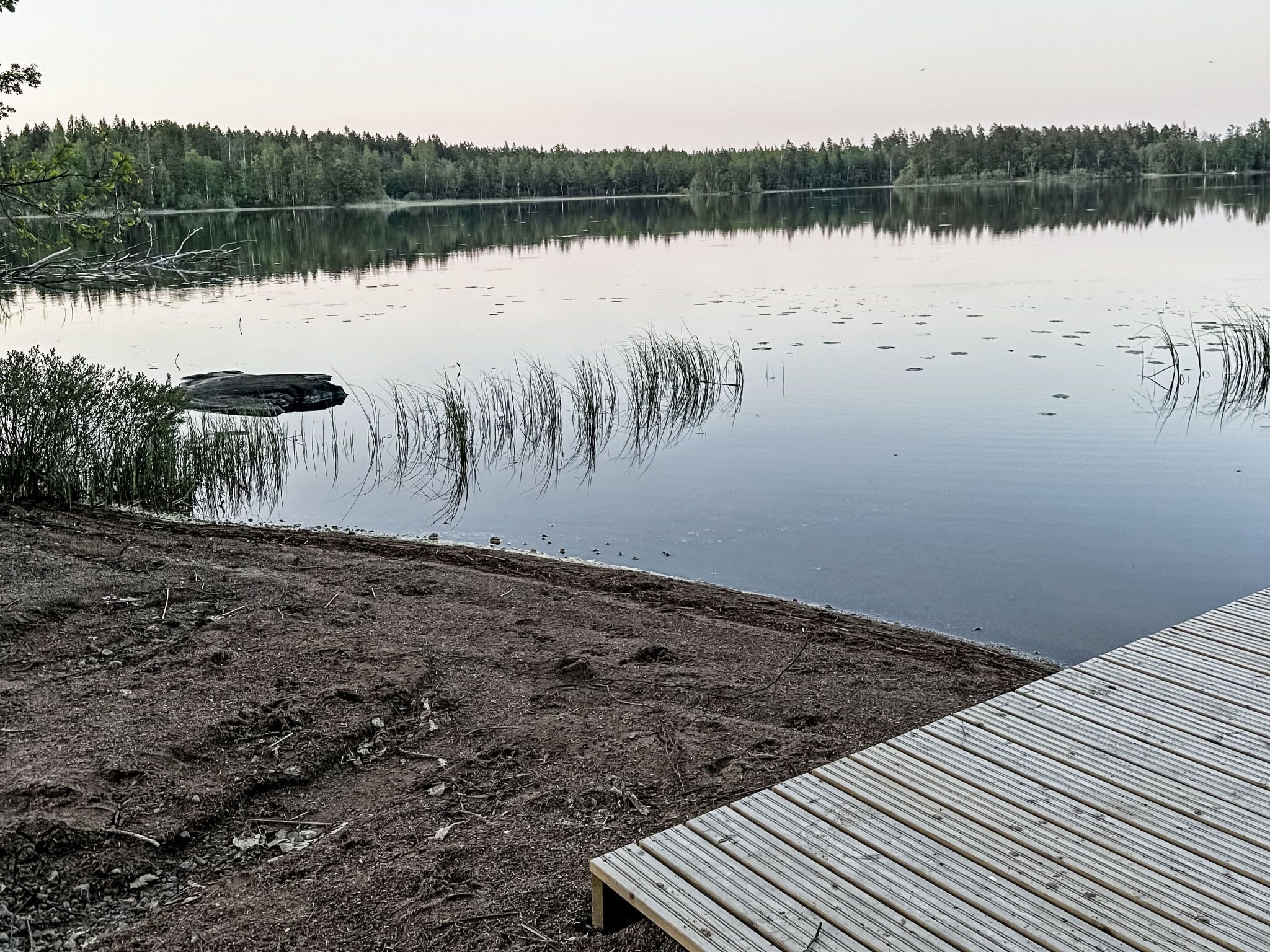 Un lac paisible avec une jetée en bois qui s’avance sur l’eau.