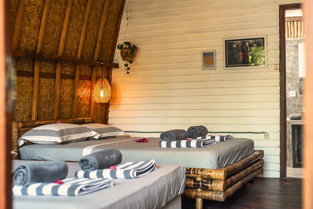 A room with two beds, each with neatly folded towels and pillows, a hanging plant, and a framed picture on the wall.