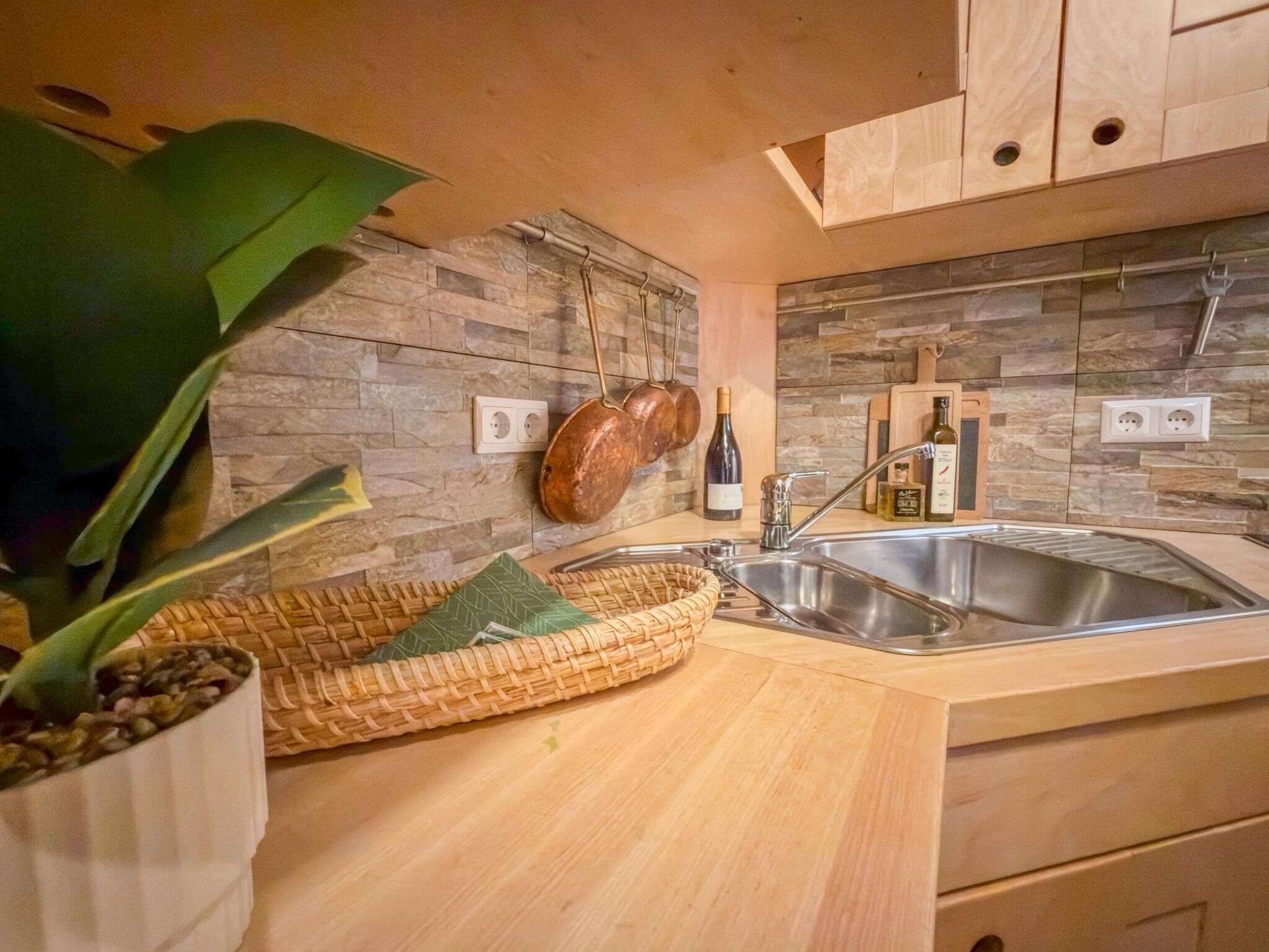 A modern kitchen with a stone backsplash, wooden cabinets, a stainless steel sink, and a potted plant.