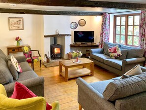 Ein gemütliches Wohnzimmer mit Kamin, Sofas, einem Fernseher und einem Fenster mit Vorhängen.