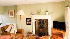 Una sala de estar con chimenea, un sofá, un televisor y una lámpara.