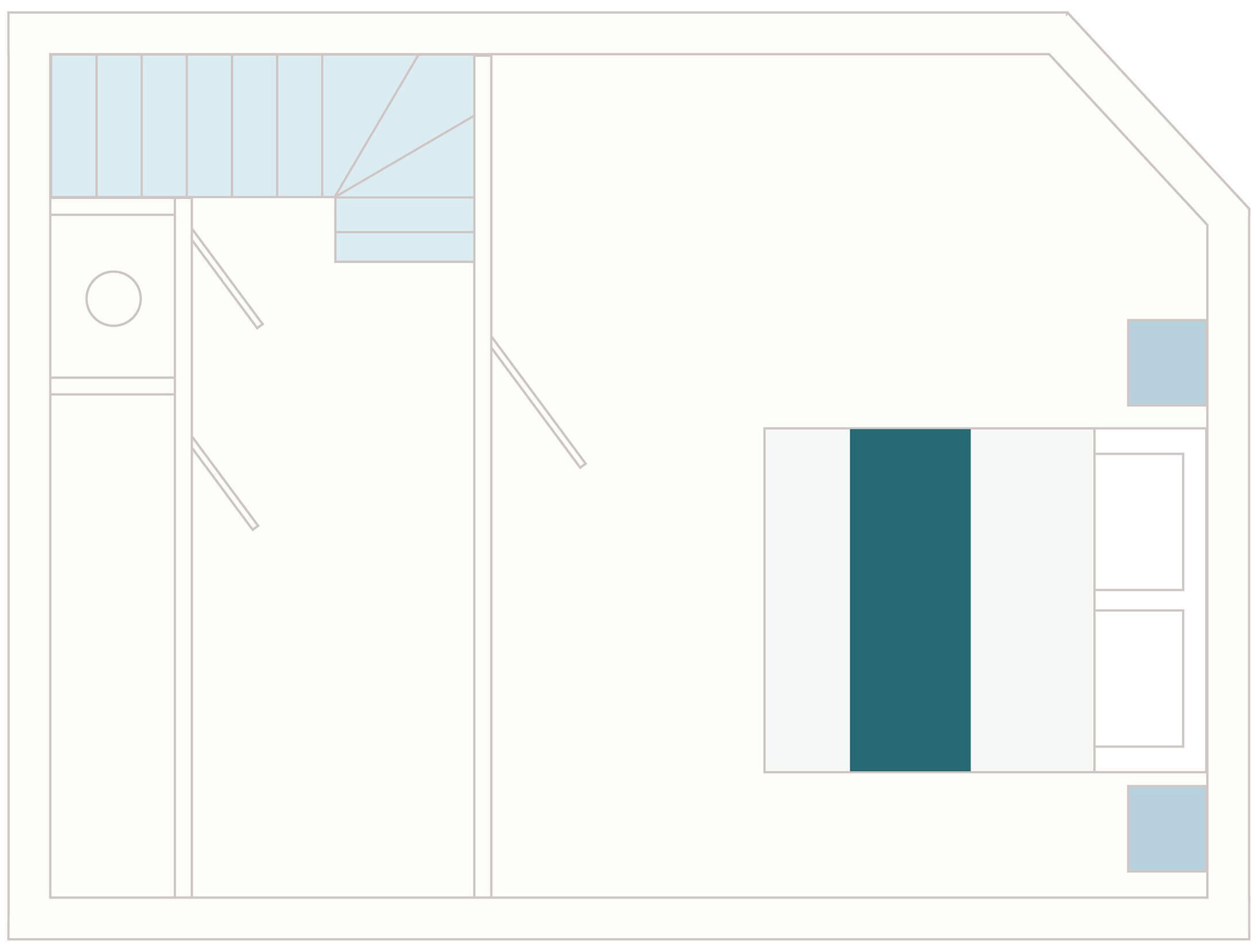 Un plan d’étage comprenant une grande pièce centrale, une pièce plus petite avec un élément de design circulaire et un escalier.