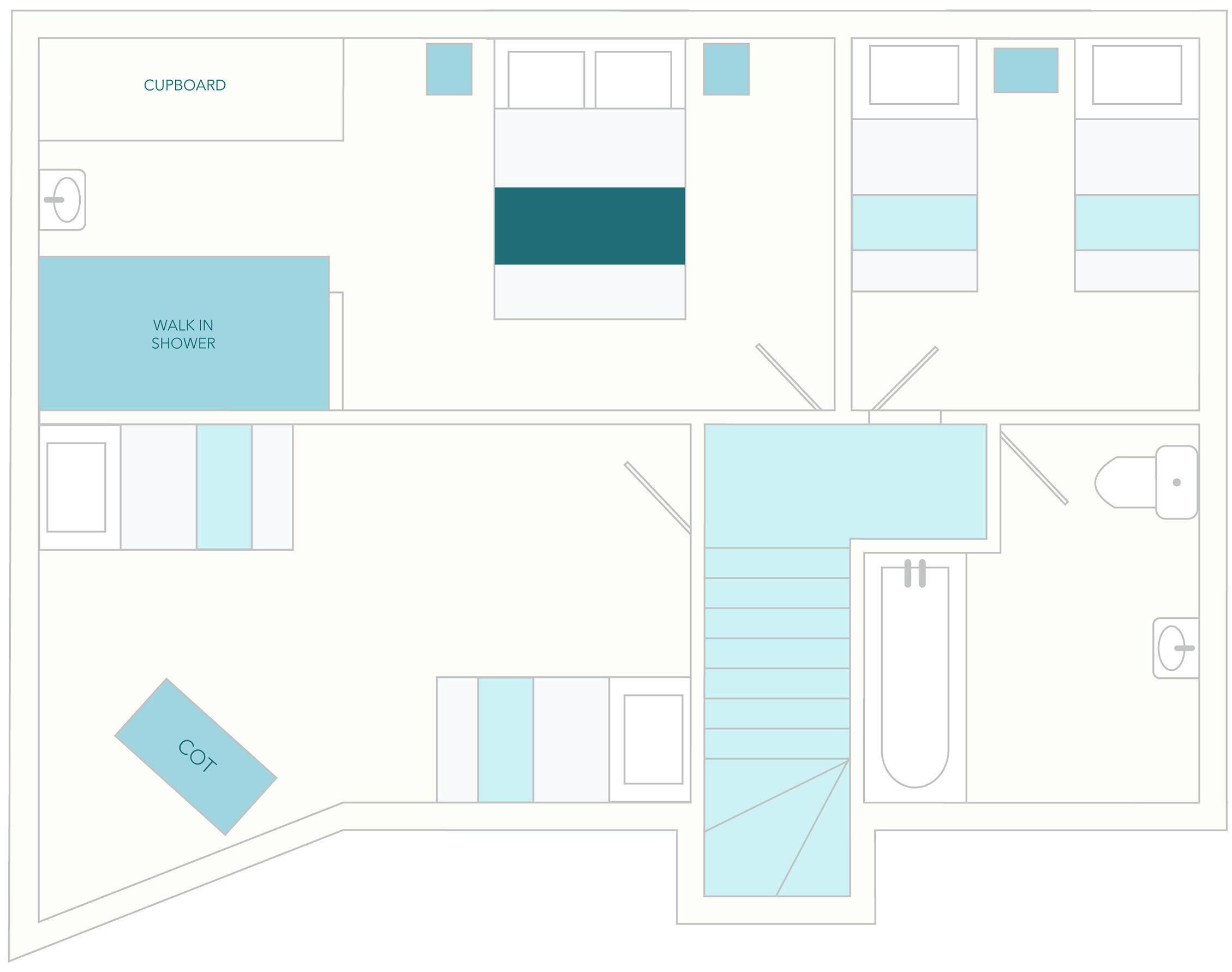 A floor plan with a kitchenette, a walk-in shower, a toilet, and a bathtub.