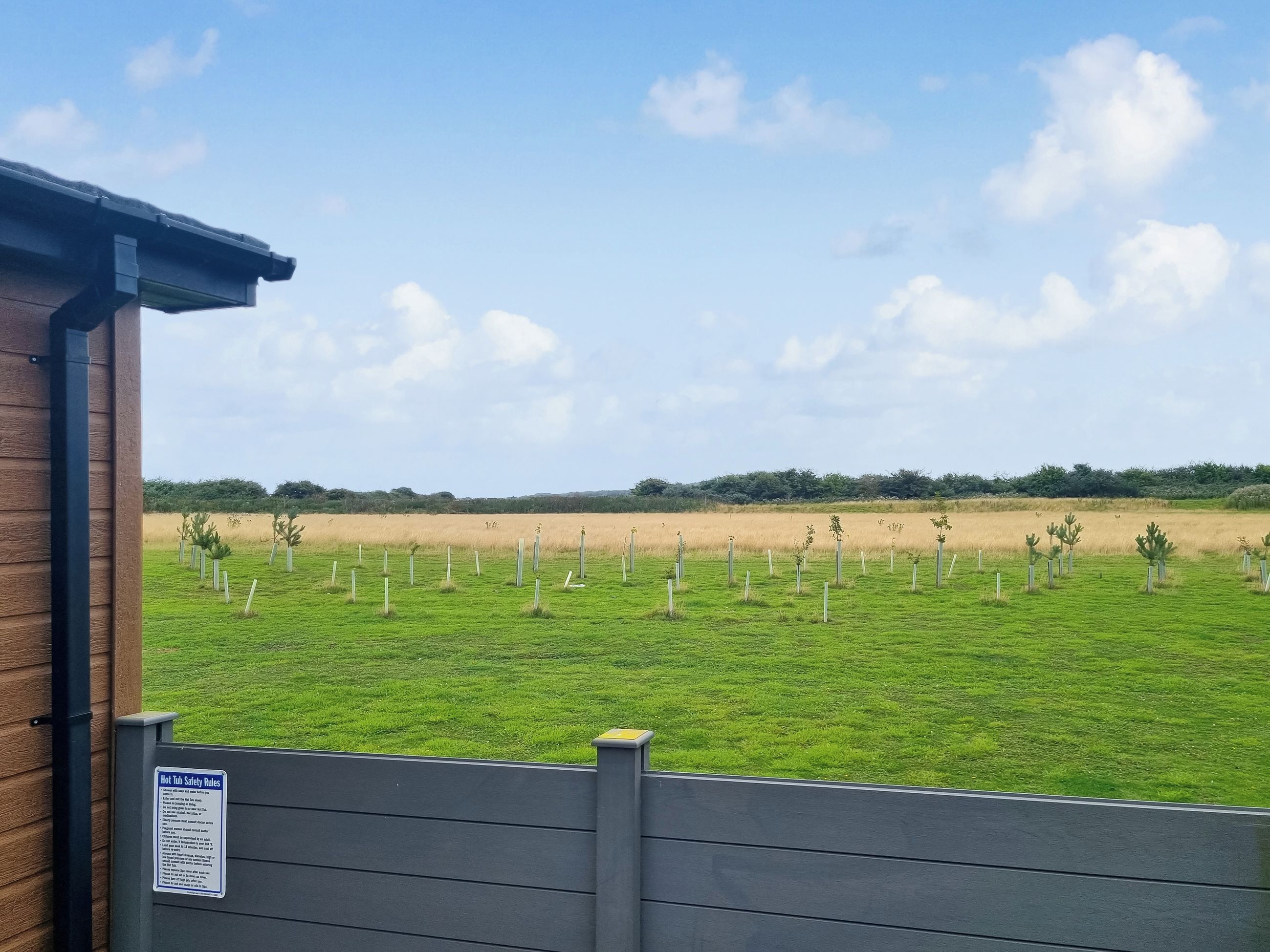 A view of a green field with young trees, a wooden fence, and a building with a sign.