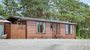 A wooden cabin with a porch, large windows, and a gravel driveway. - 2 bedroom accommodation in Harpford, near Sidmouth (Harpford, near Sidmouth)