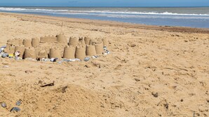 A sandy beach with a circular sandcastle structure.