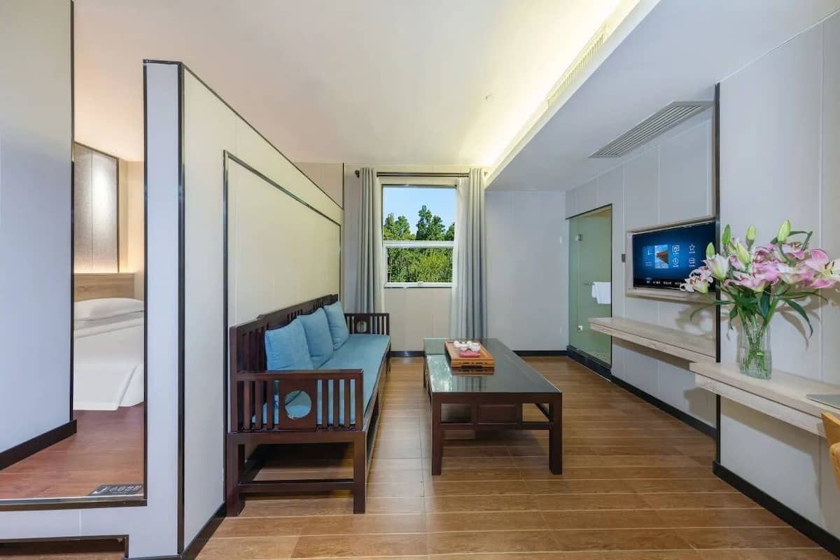 Une chambre d’hôtel moderne, équipée d’un canapé, d’une petite table, d’une télévision et d’une fenêtre donnant sur un paysage verdoyant.