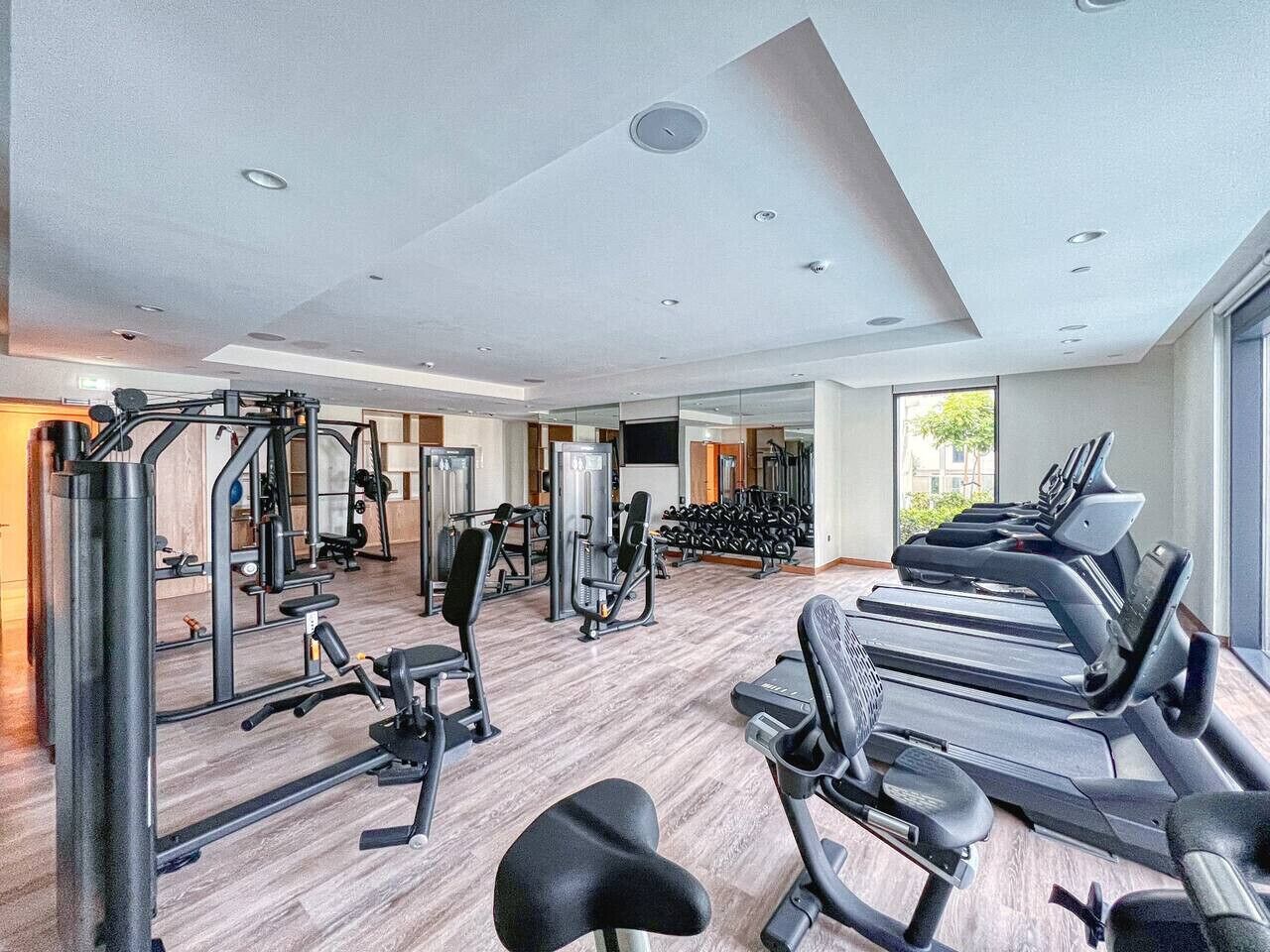 Ein Fitnessstudio mit unterschiedlichen Trainingsgeräten, darunter Laufbänder und Kraftgeräte, sowie einem großen Spiegel.