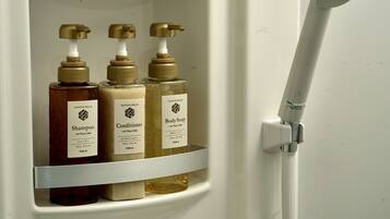 Shower, free toiletries, hair dryer, towels