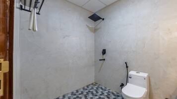 Shower, slippers, towels, soap