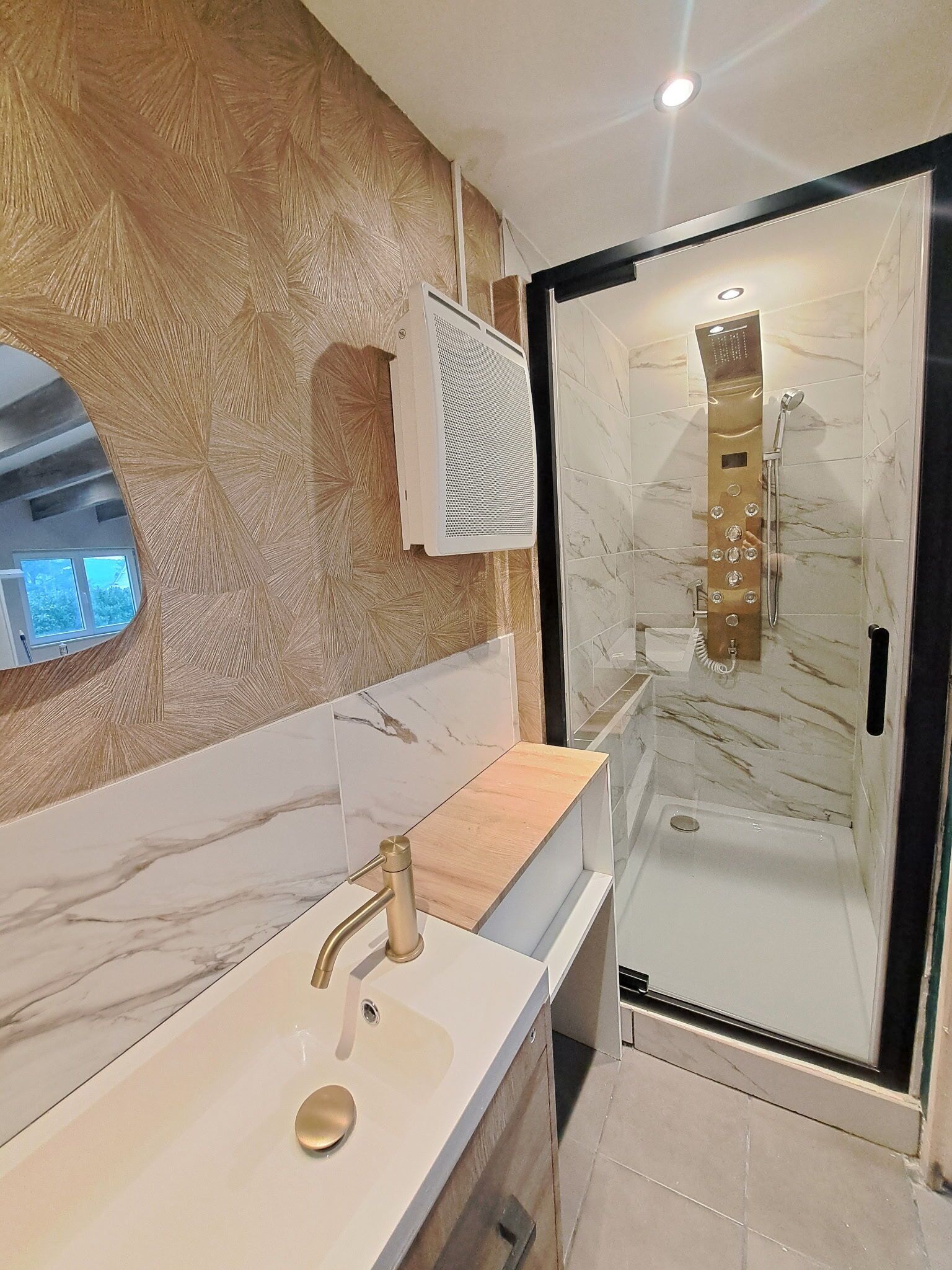 Shower, towels, toilet paper