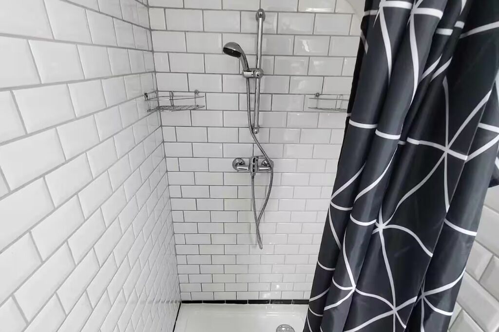 Shower, towels, soap, toilet paper