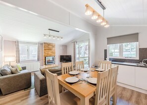 A modern kitchen with a dining area, a TV, and a fireplace.