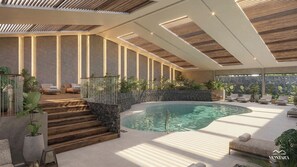 Una piscina cubierta, una piscina al aire libre