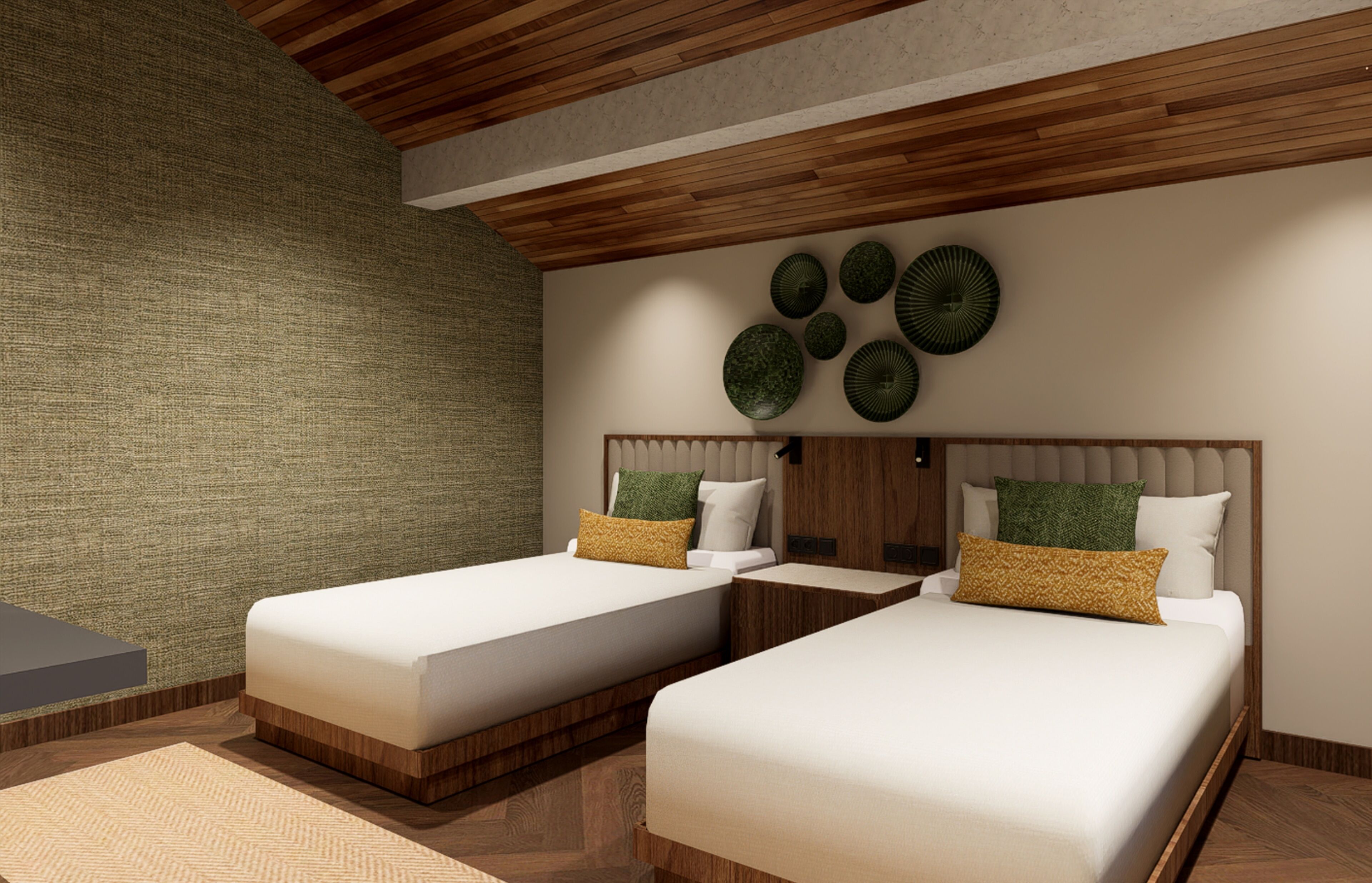 A room with two beds, wooden ceiling beams, textured wall, and decorative wall plates.