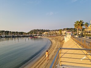 Ein Strand mit sandigem Ufer, ruhiger See und eine Person, die einen Hund ausführt.