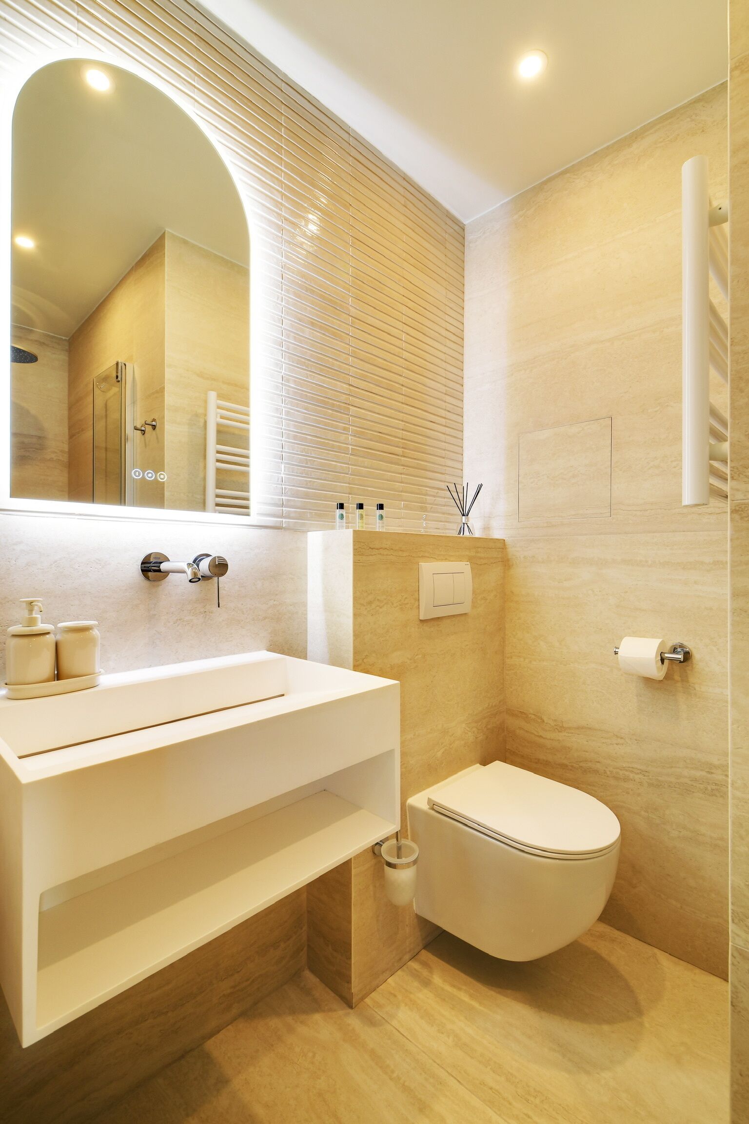 Shower, towels, soap, toilet paper