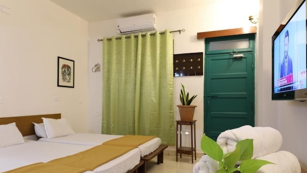 A hotel room with two beds, a green curtain, a potted plant, a TV, and a green door. - TELES WESTEND HOTEL (Vasco da Gama)