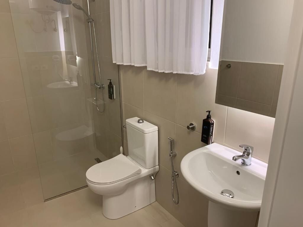 A bathroom with a toilet, shower, and sink.