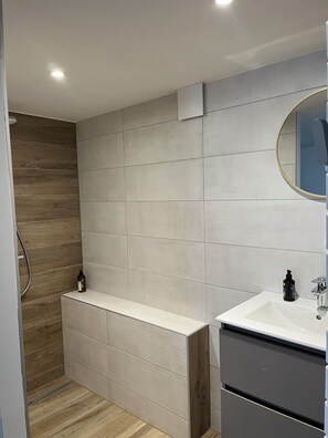 Een moderne badkamer met een douche, een wastafel met spiegel en een inbouwkast.