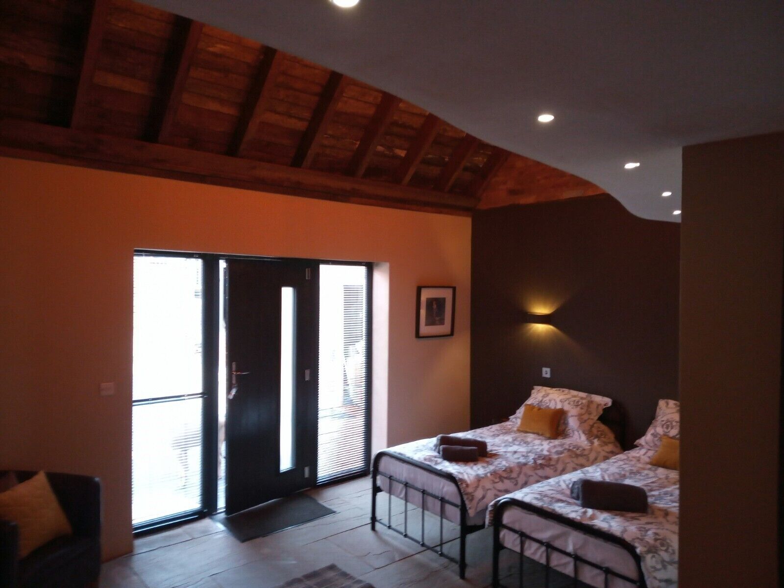 Desk, laptop workspace, blackout curtains, iron/ironing board