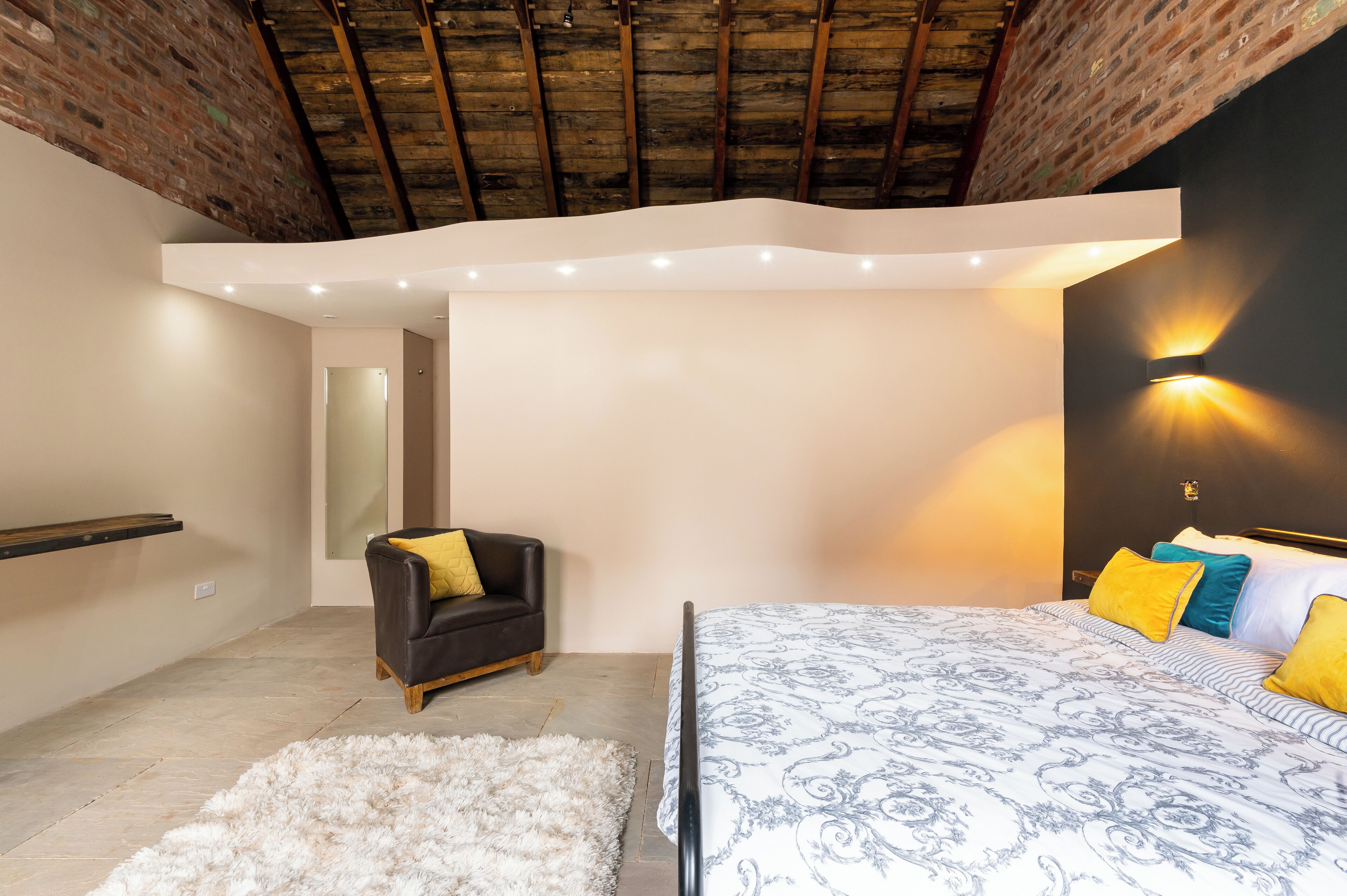 Desk, laptop workspace, blackout curtains, iron/ironing board