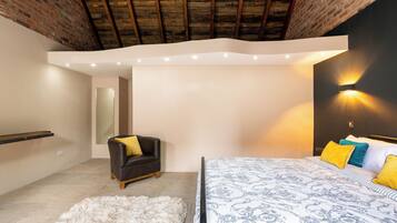 Desk, laptop workspace, blackout curtains, iron/ironing board