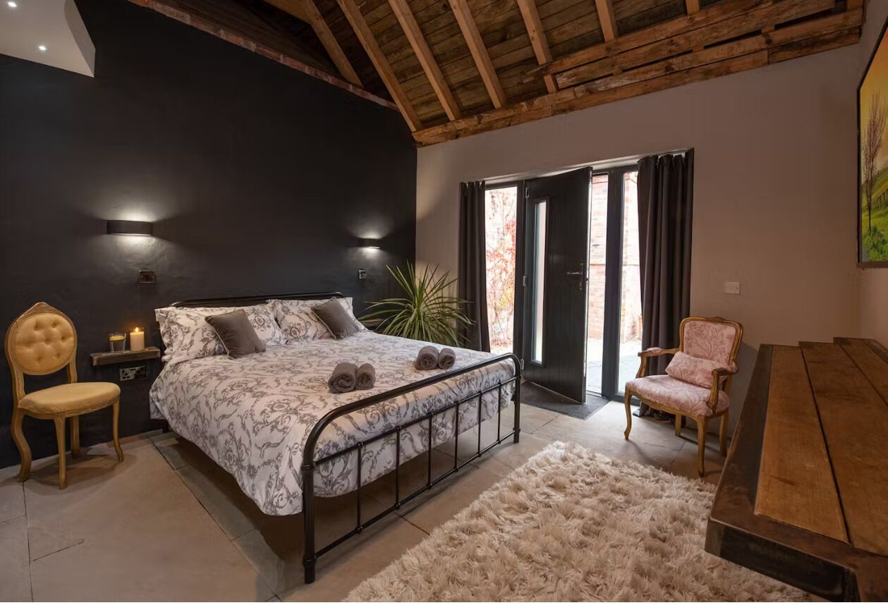 Desk, laptop workspace, blackout curtains, iron/ironing board