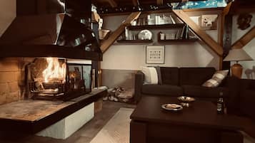 Télévision, cheminée, lecteur de DVD, livres