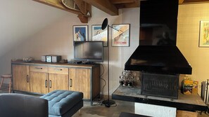 Televisión, chimenea, reproductor de DVD y libros 