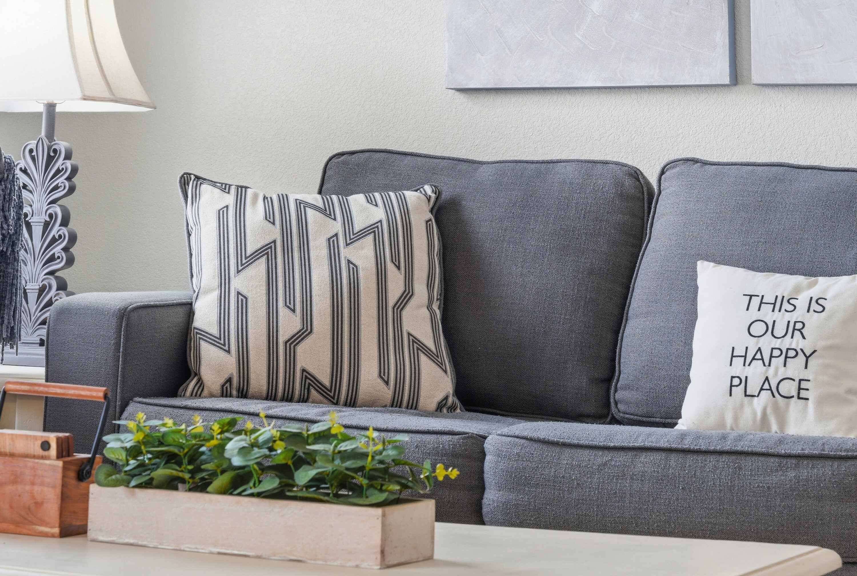 A grey sofa with patterned cushions and a potted plant on a white table.
