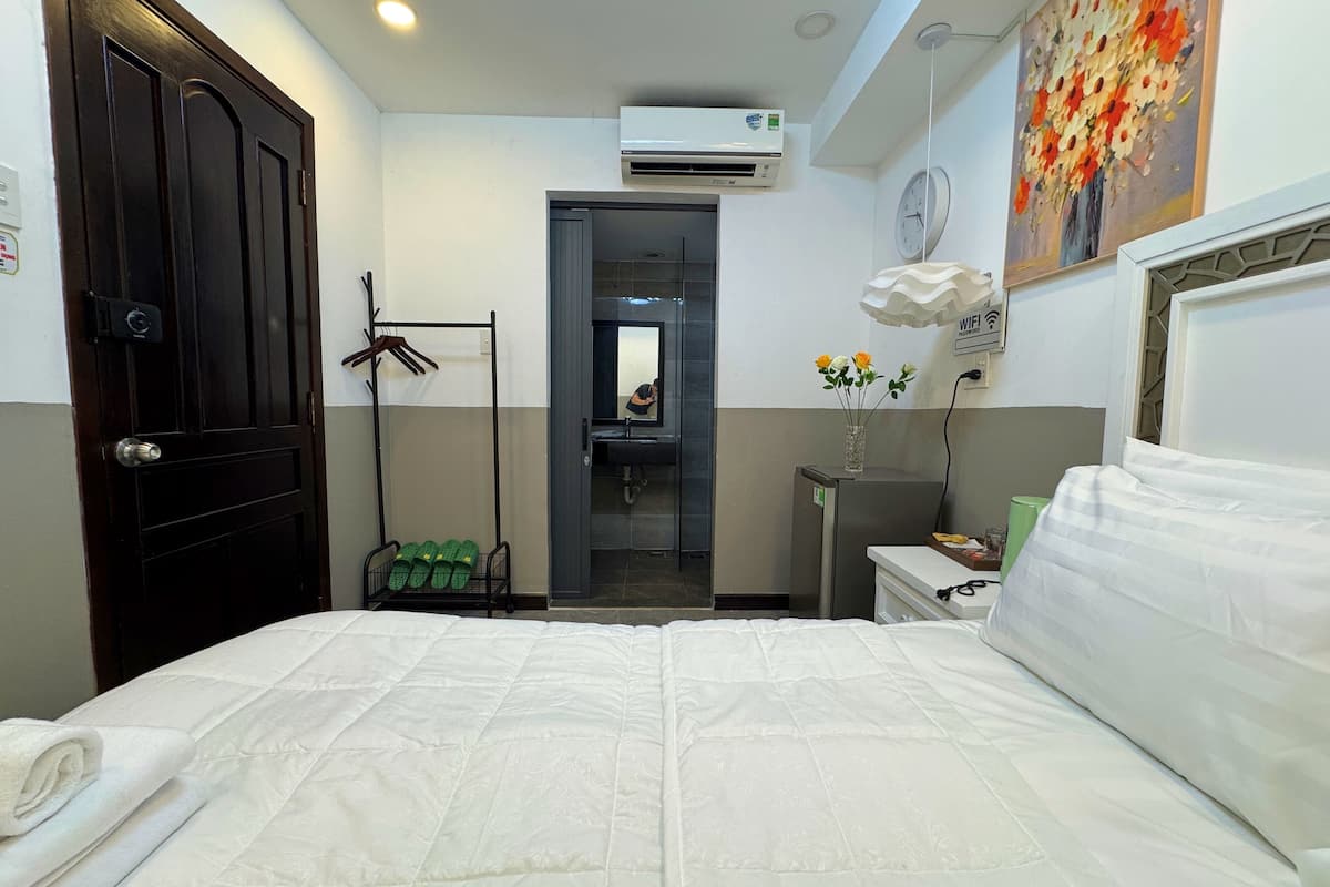 A hotel room with a bed, a wardrobe, a mirror, a sink, and an air conditioning unit.
